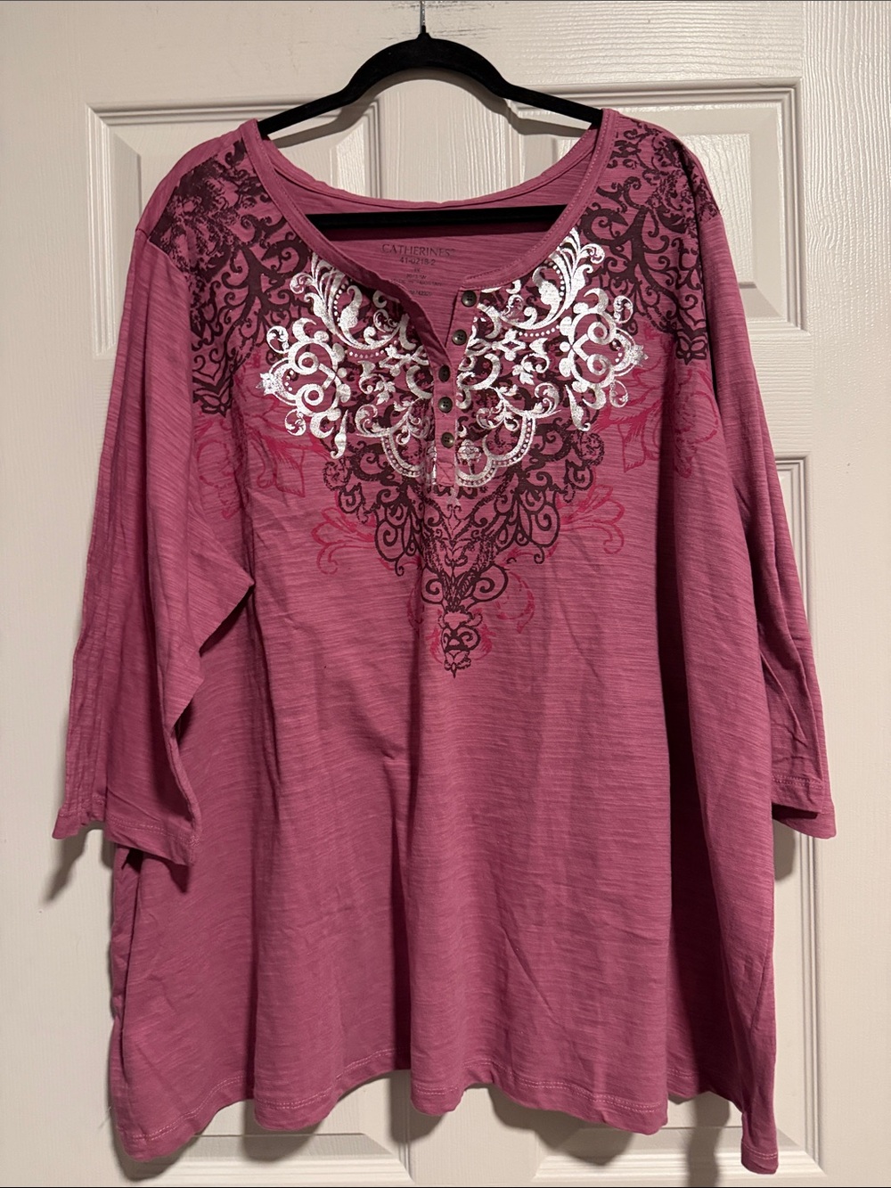 Catherines Rose Pink Henley with Silver Ornate Print. Plus size